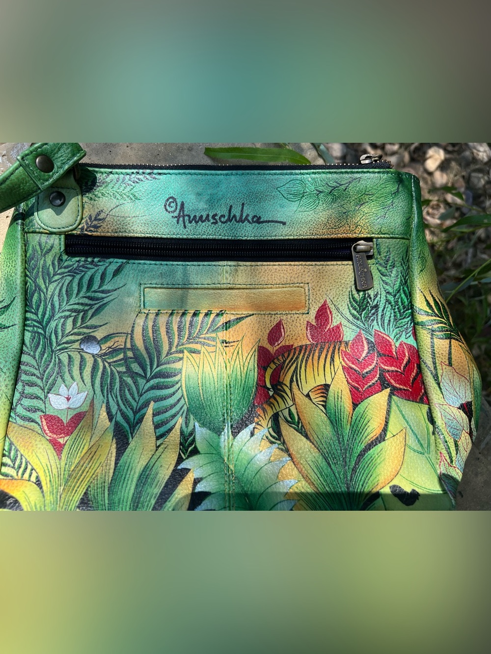 Anuschka Green Multicolor Hand-Painted Tropical Tiger Leather Clutch